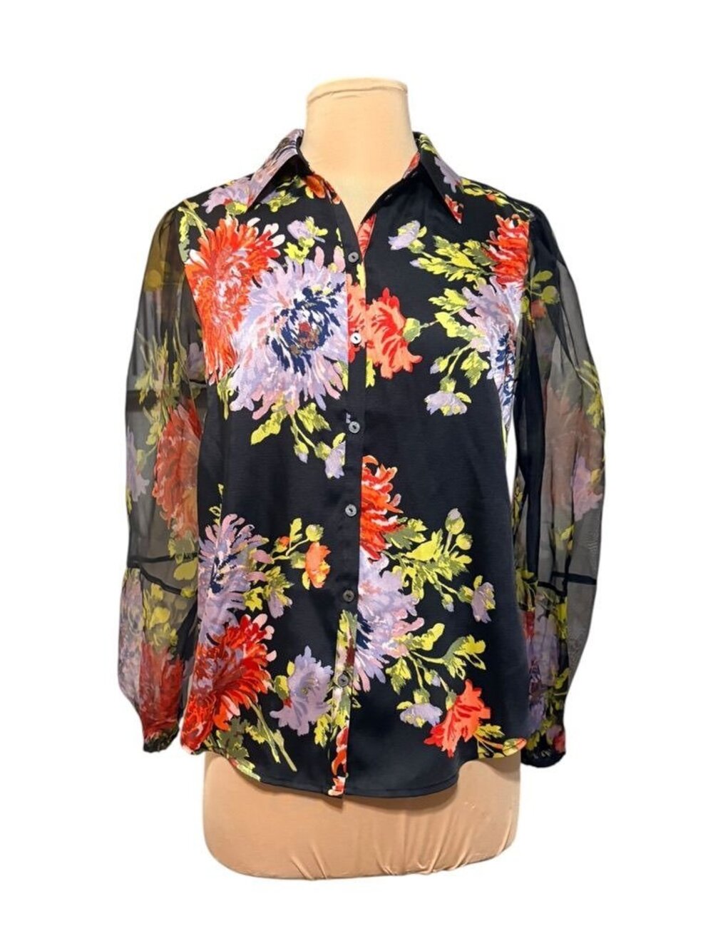 NEW Cinq a Sept Floral Blouse XS Black Multi Silk Sheer Puff Sleeve NWOT Fall